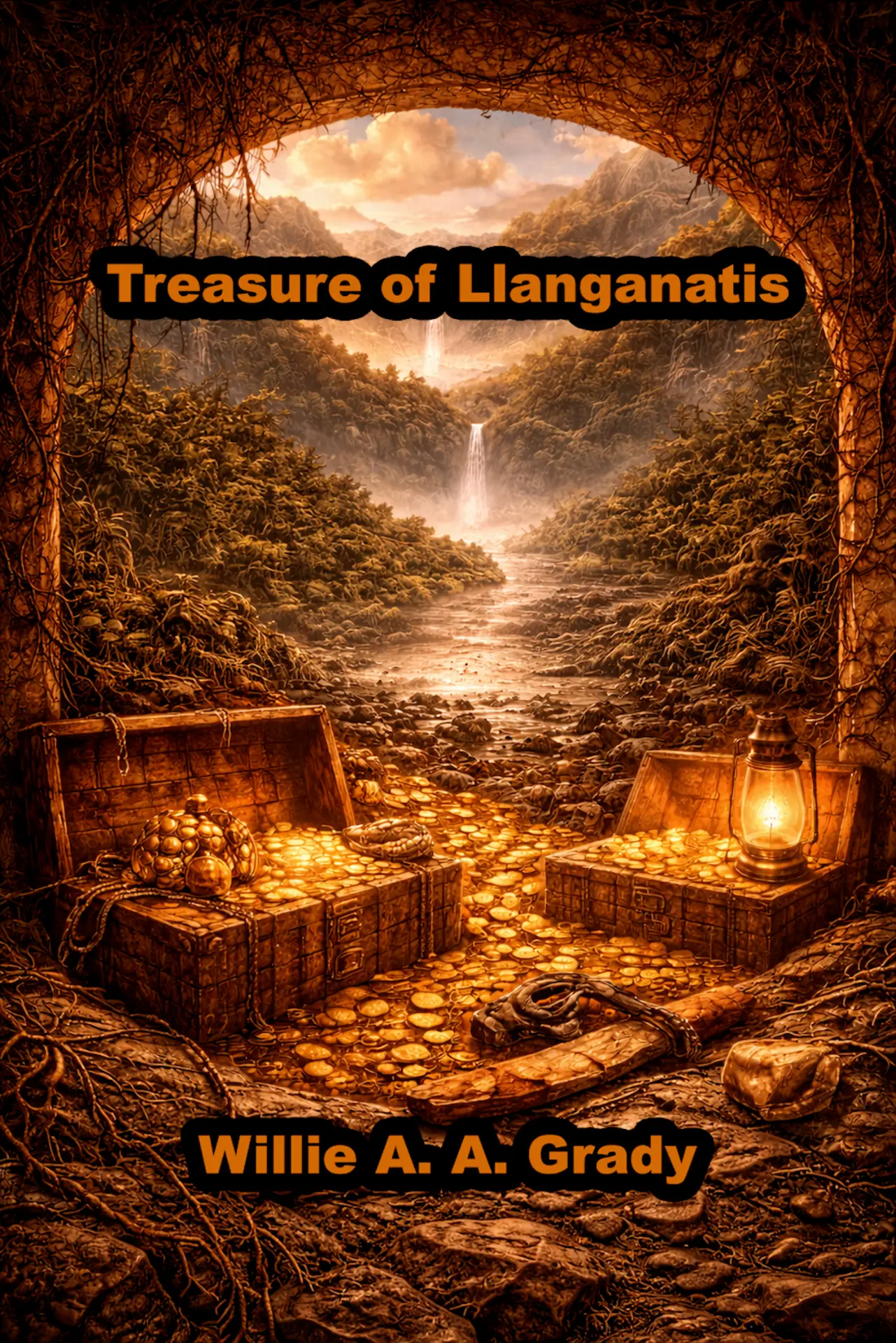 Front cover of Treasure of Llanganatis by Willie A. A. Grady: a root-framed cave mouth opening onto a jungle valley and waterfall, with open chests of gold coins and a lantern in the foreground.