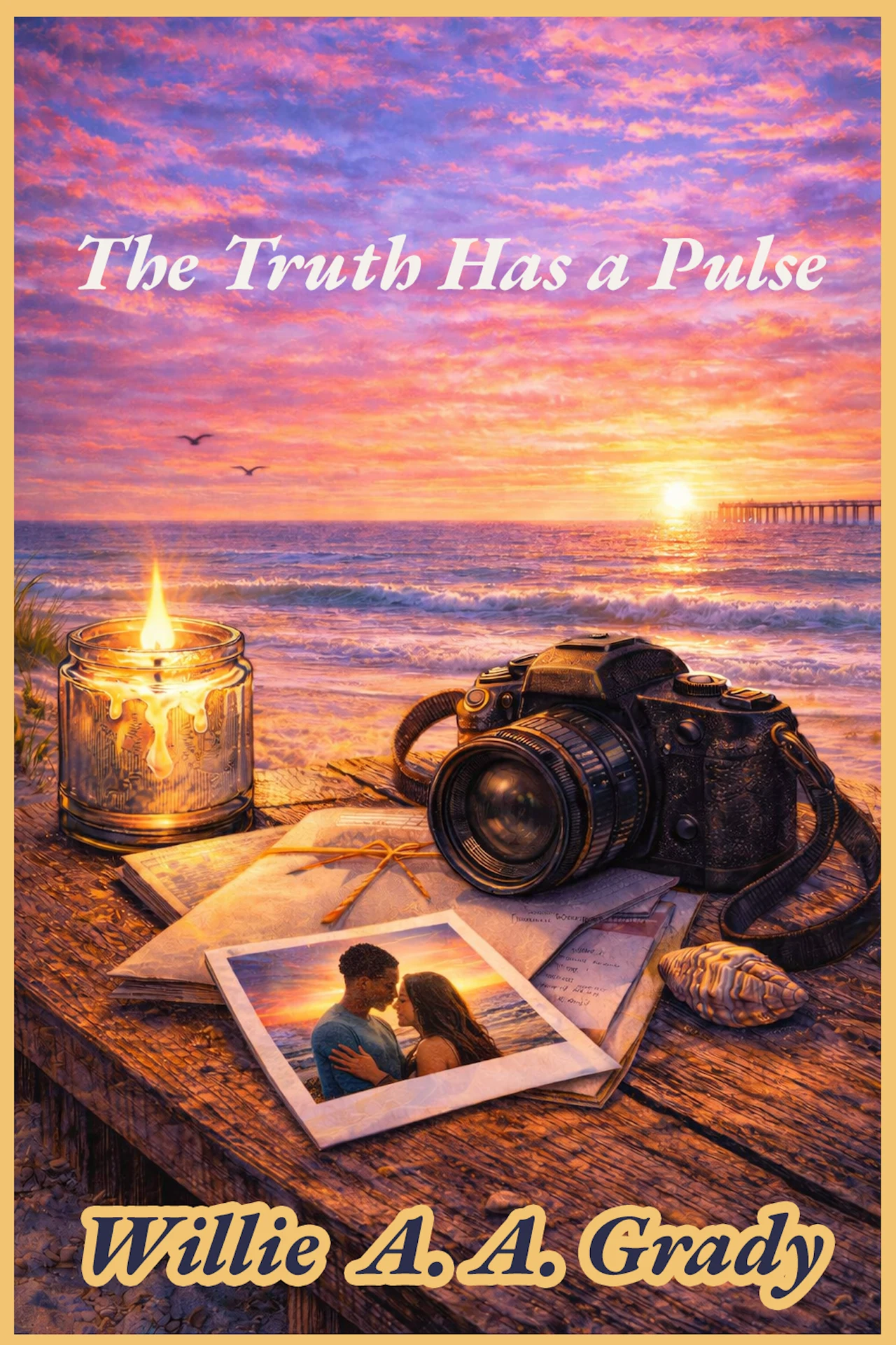 Illustrated cover of The Truth Has a Pulse by Willie A. A. Grady: a beach at sunset with a candle in a jar, a camera, letters and an instant photo of a young couple embracing on a weathered wooden table.