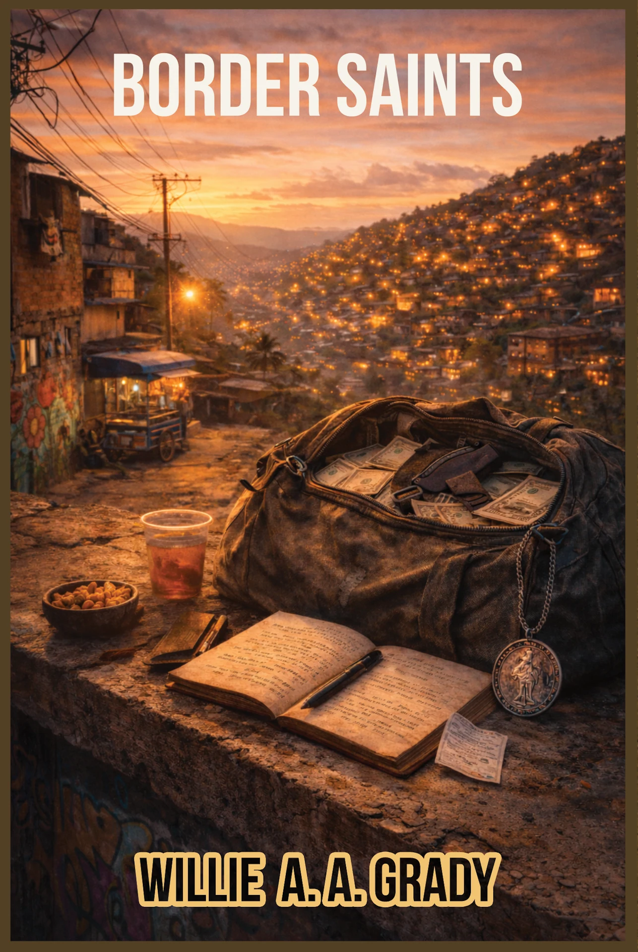 Front cover of Border Saints by Willie A. A. Grady: an illustrated hillside town at sunset with a duffel bag of banknotes, an open handwritten notebook, a pen, a medallion and a drink on a concrete ledge in the foreground.