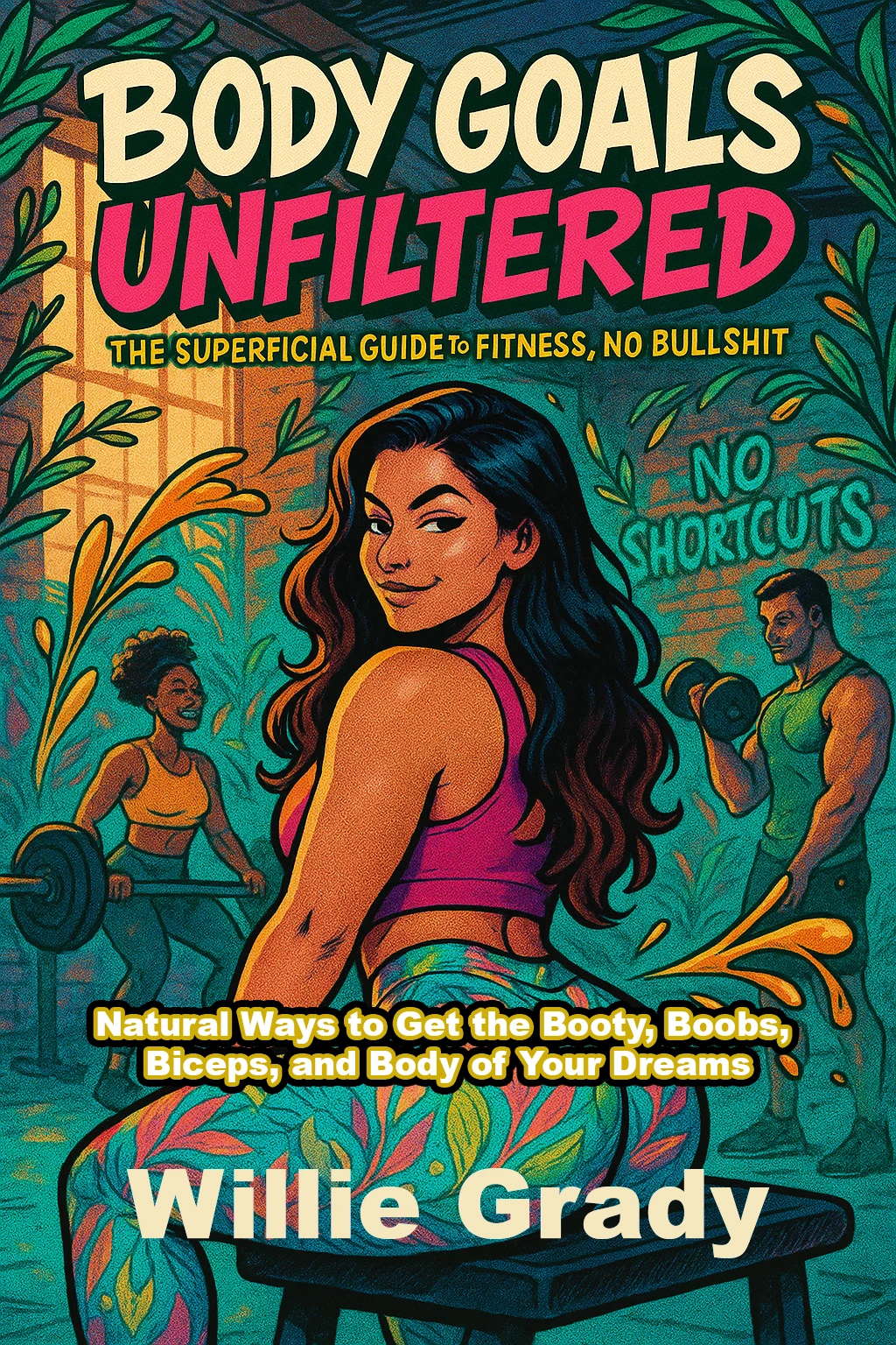 Front cover of Body Goals Unfiltered by Willie Grady: a brightly illustrated fitness scene with a woman in workout clothing in the foreground, people lifting weights behind her, tropical leaves and bold cream, pink, teal and yellow typography.