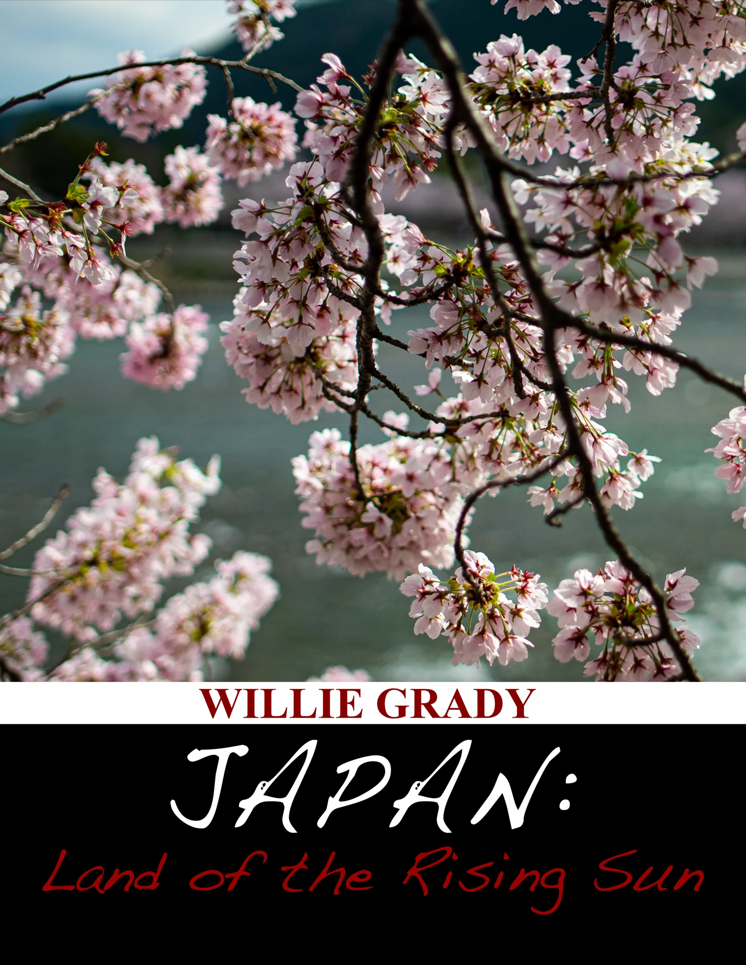 Front cover of Japan: Land of the Rising Sun by Willie Grady: pink cherry blossoms filling the upper portion of the cover above a black title panel with white and red lettering.