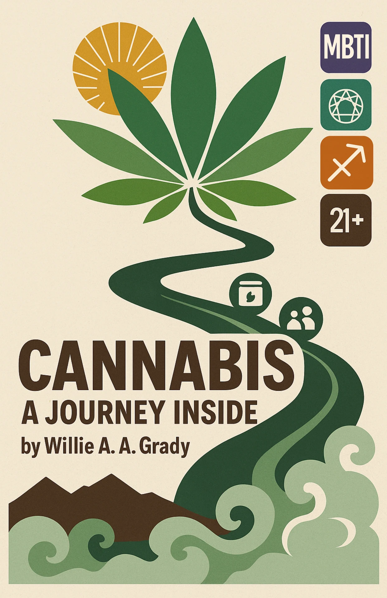 Front cover of Cannabis: A Journey Inside by Willie A. A. Grady: a flat-graphic cream cover with a green cannabis leaf on a winding river-like stem, a rising sun, stylised waves and small MBTI, enneagram, Sagittarius and 21+ badges.