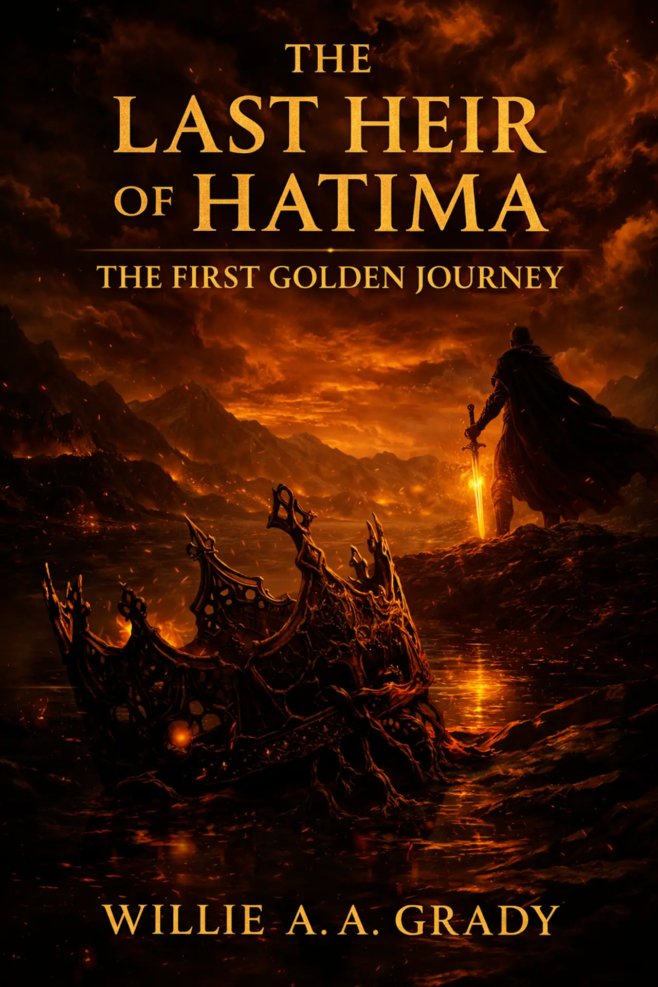 Front cover of The Last Heir of Hatima: The First Golden Journey by Willie A. A. Grady: a cloaked figure holding a glowing sword on a burning ridge above dark water, with a broken crown half-submerged in the foreground and the title in gold lettering.