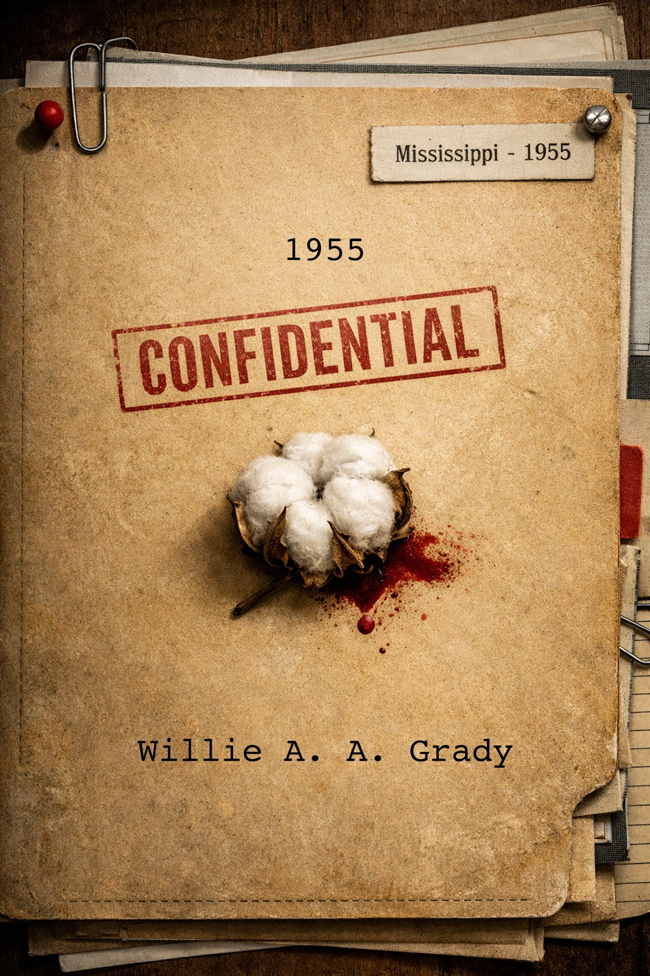 Cover of 1955 by Willie A. A. Grady: a worn paper case file marked 'Mississippi - 1955' with a red CONFIDENTIAL stamp, a cotton boll and a small blood spatter.