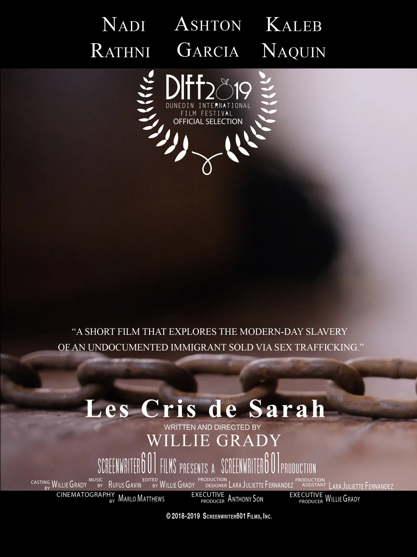Promotional poster for Les Cris de Sarah showing a blurred silhouette behind frosted glass, a heavy chain in the foreground and DIFF 2019 Official Selection laurels.