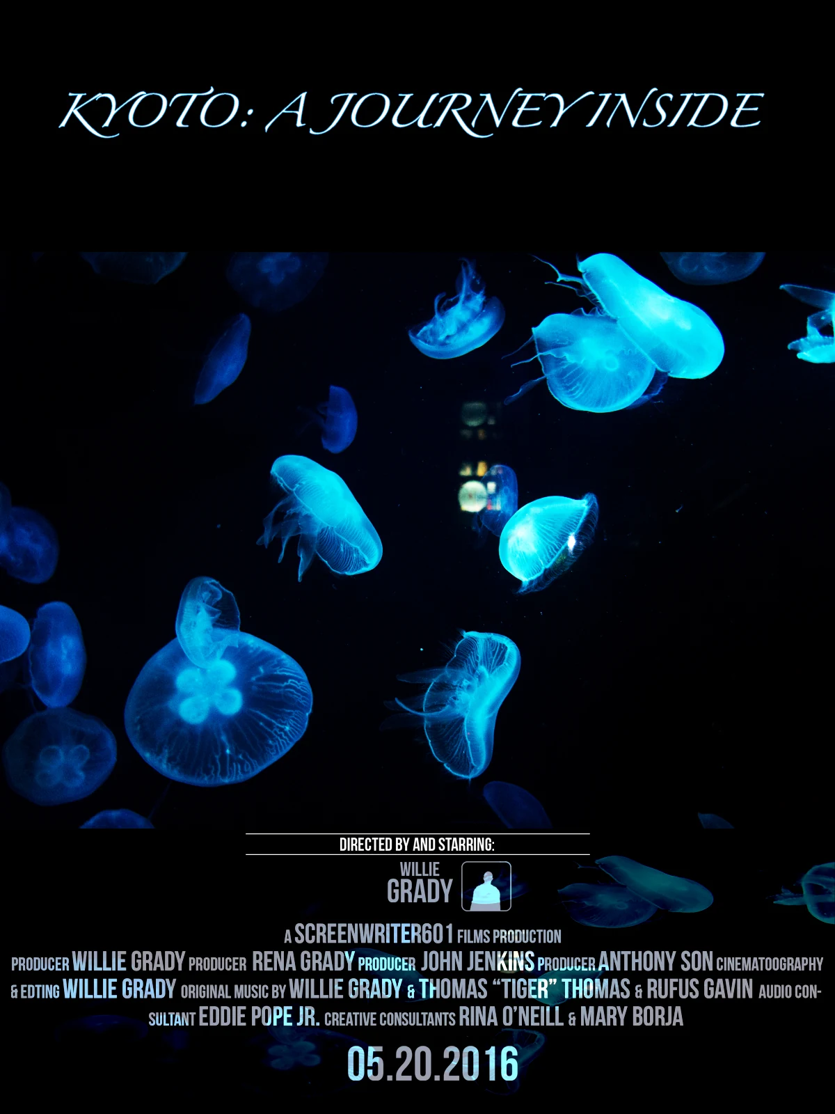 Poster for Kyoto: A Journey Inside with glowing blue jellyfish against a black background and production credits beneath.