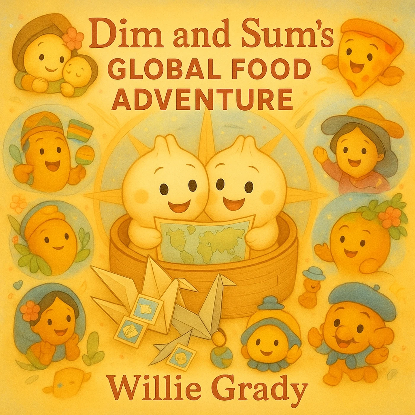 Square front cover of Dim and Sum’s Global Food Adventure: two smiling dumpling characters holding a world map in a bamboo steamer basket, ringed by cheerful food characters on soft yellow.