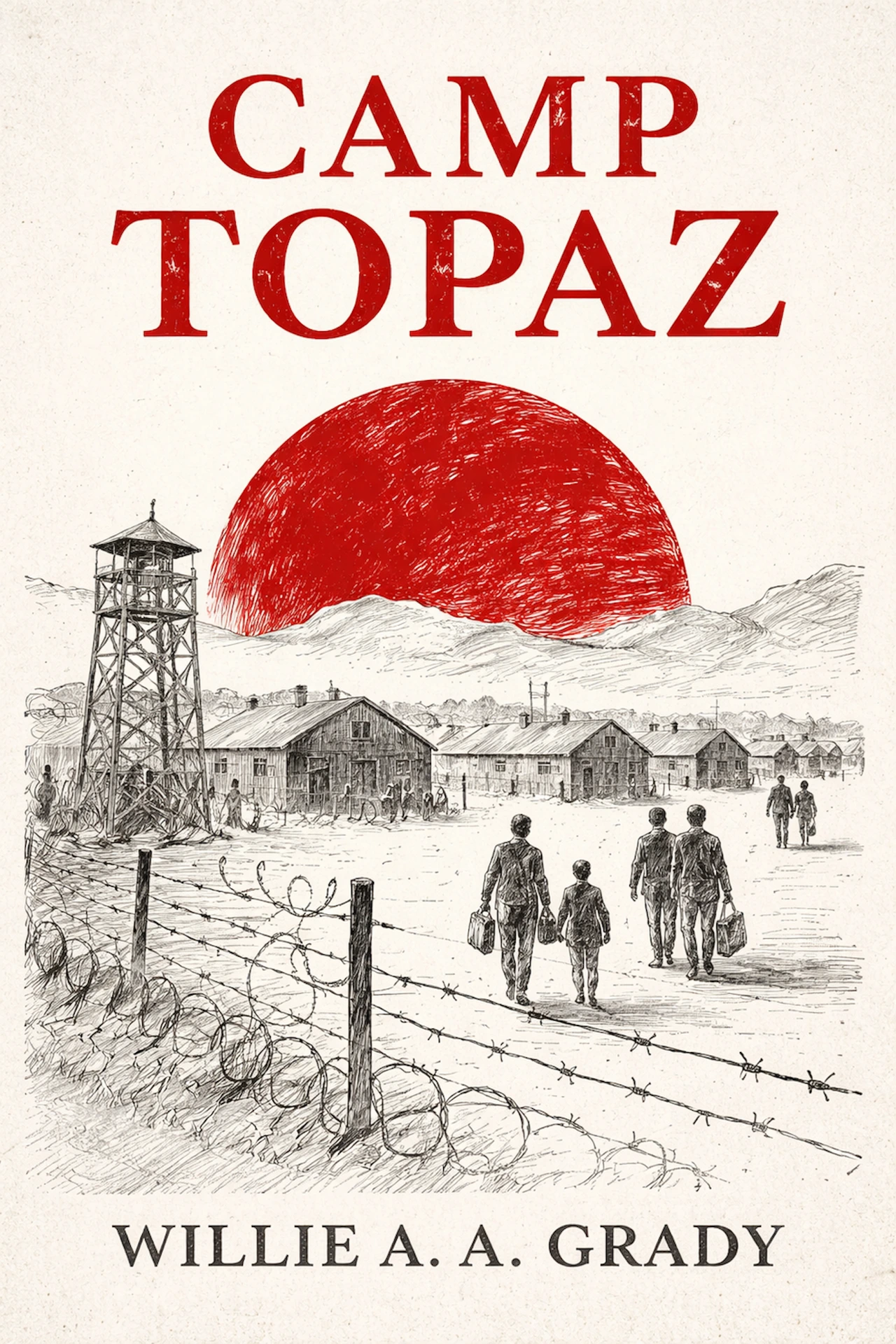 Front cover of Camp Topaz by Willie A. A. Grady: a pen-and-ink drawing of barracks rows, a guard tower and barbed-wire fencing under a large red sun, with figures carrying suitcases along a dirt road, and the title in red lettering.