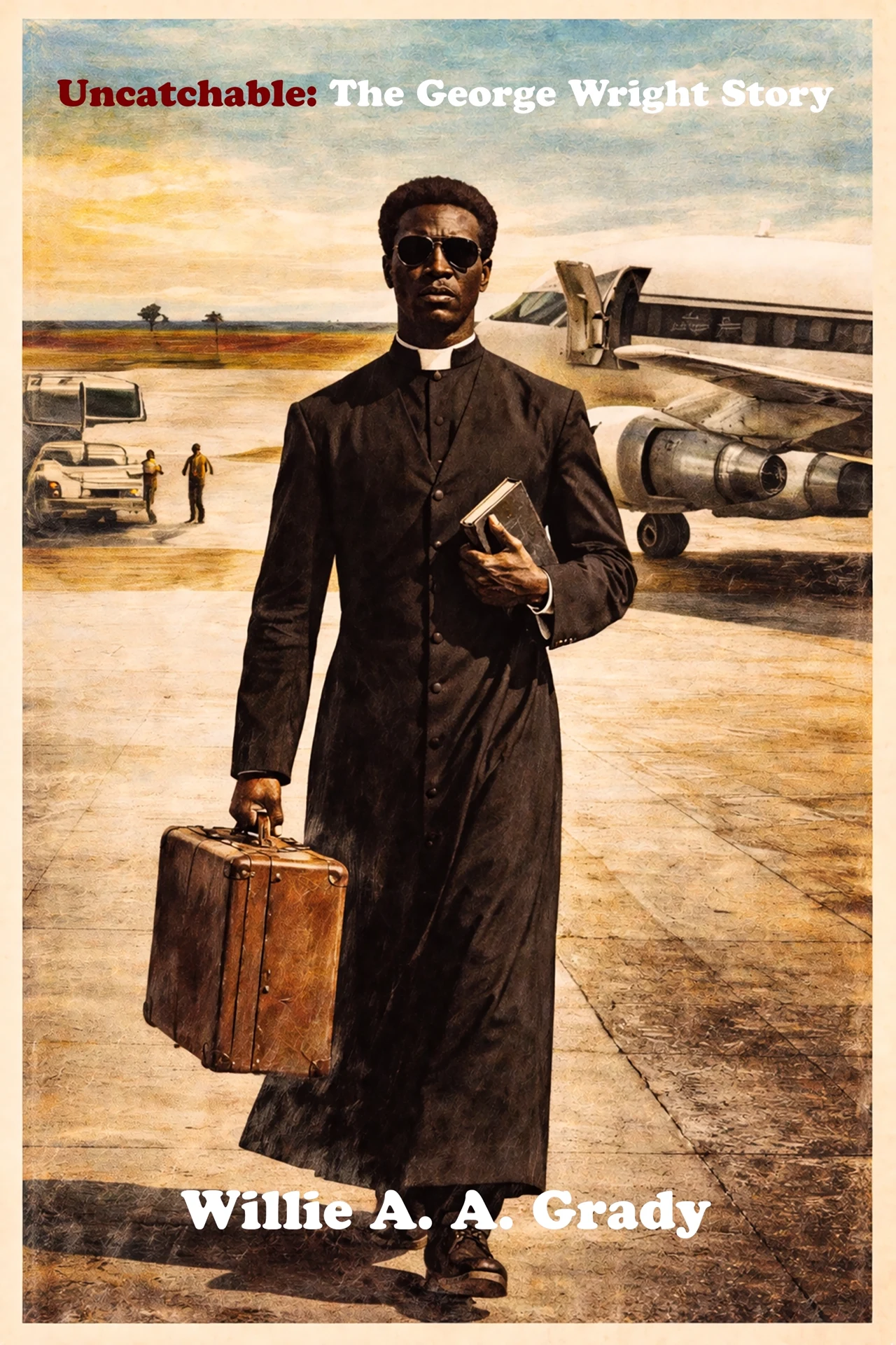 Illustrated cover of Uncatchable: The George Wright Story by Willie A. A. Grady: a man in dark clerical dress and sunglasses crossing an airfield with a suitcase and a book, an airliner behind him.