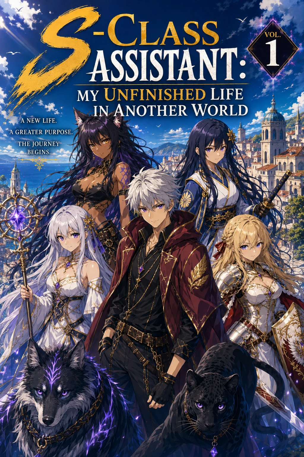 Front cover of S-Class Assistant: My Unfinished Life in Another World, Volume 1, by Willie A. A. Grady: a white-haired young man in a red-lined black coat standing before four companions and two large wolf-like beasts, with a sunlit coastal city behind them.