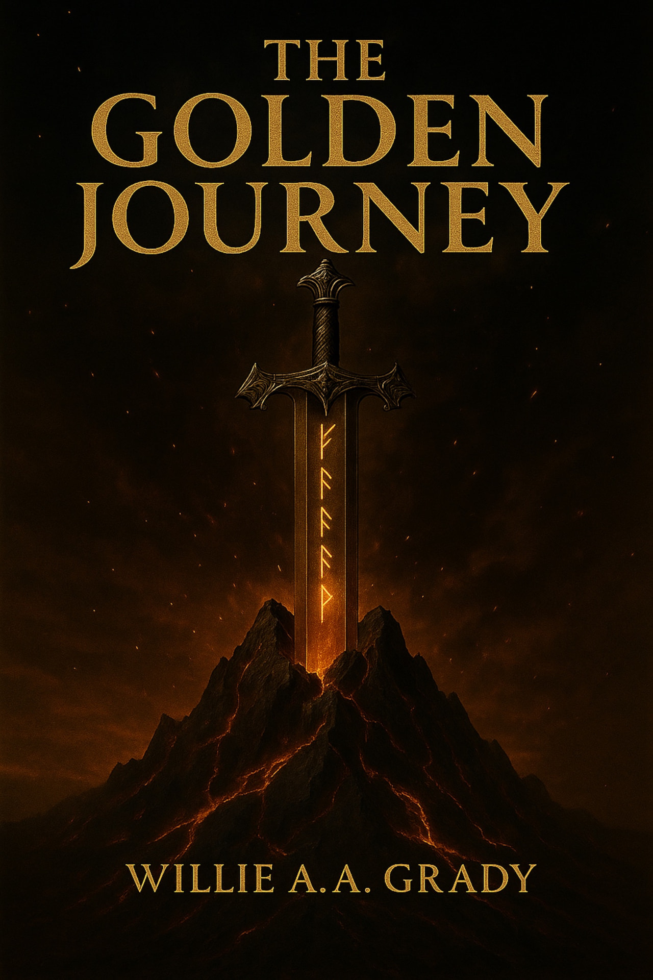 Front cover of The Golden Journey by Willie A. A. Grady: a rune-marked sword standing point-down in a dark, ember-lit mountain peak beneath a smoke-filled sky, with the title in gold lettering above.