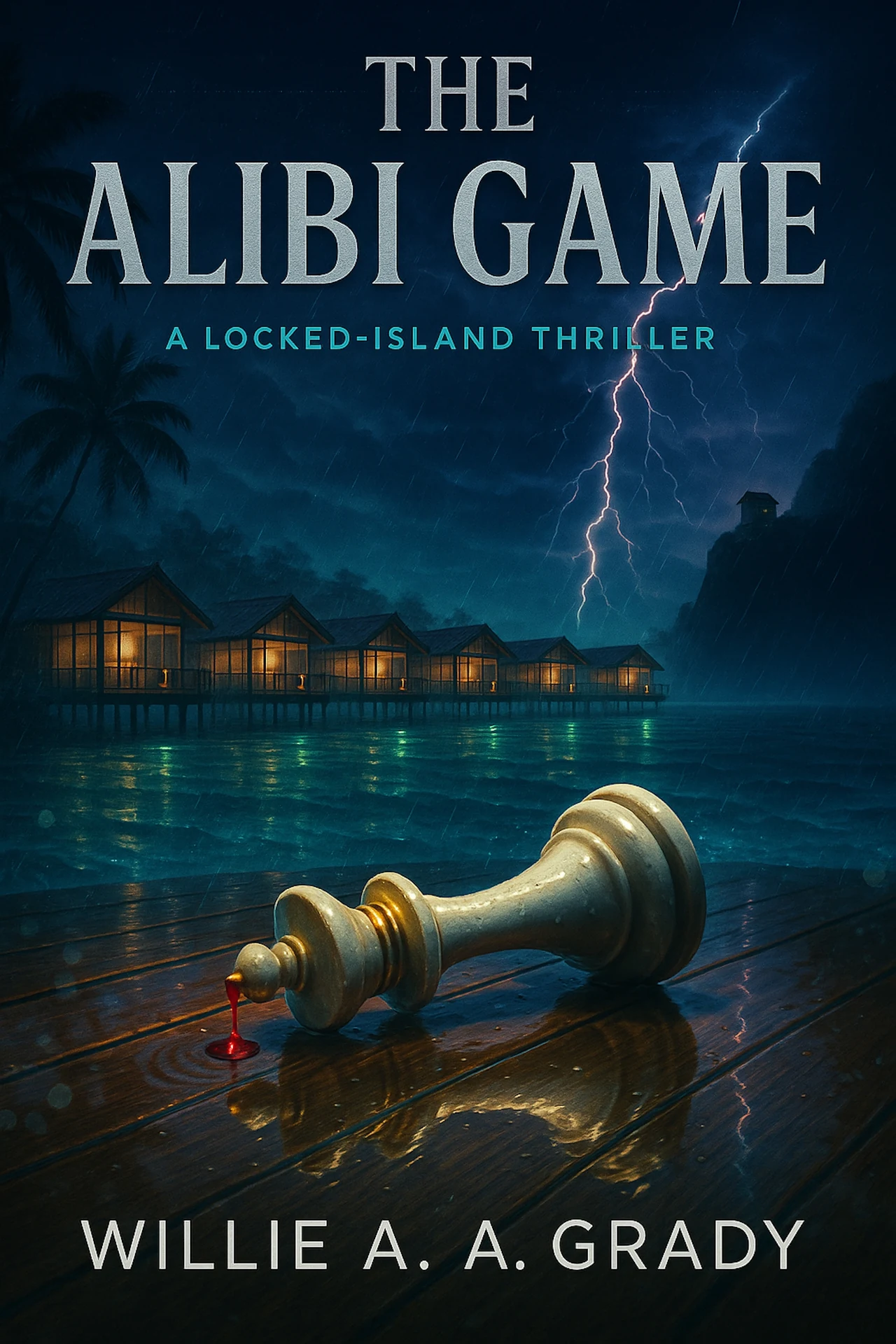 Front cover of The Alibi Game: a toppled white chess king bleeding a drop of red on a rain-slick deck, with lit overwater bungalows and a lightning strike behind.