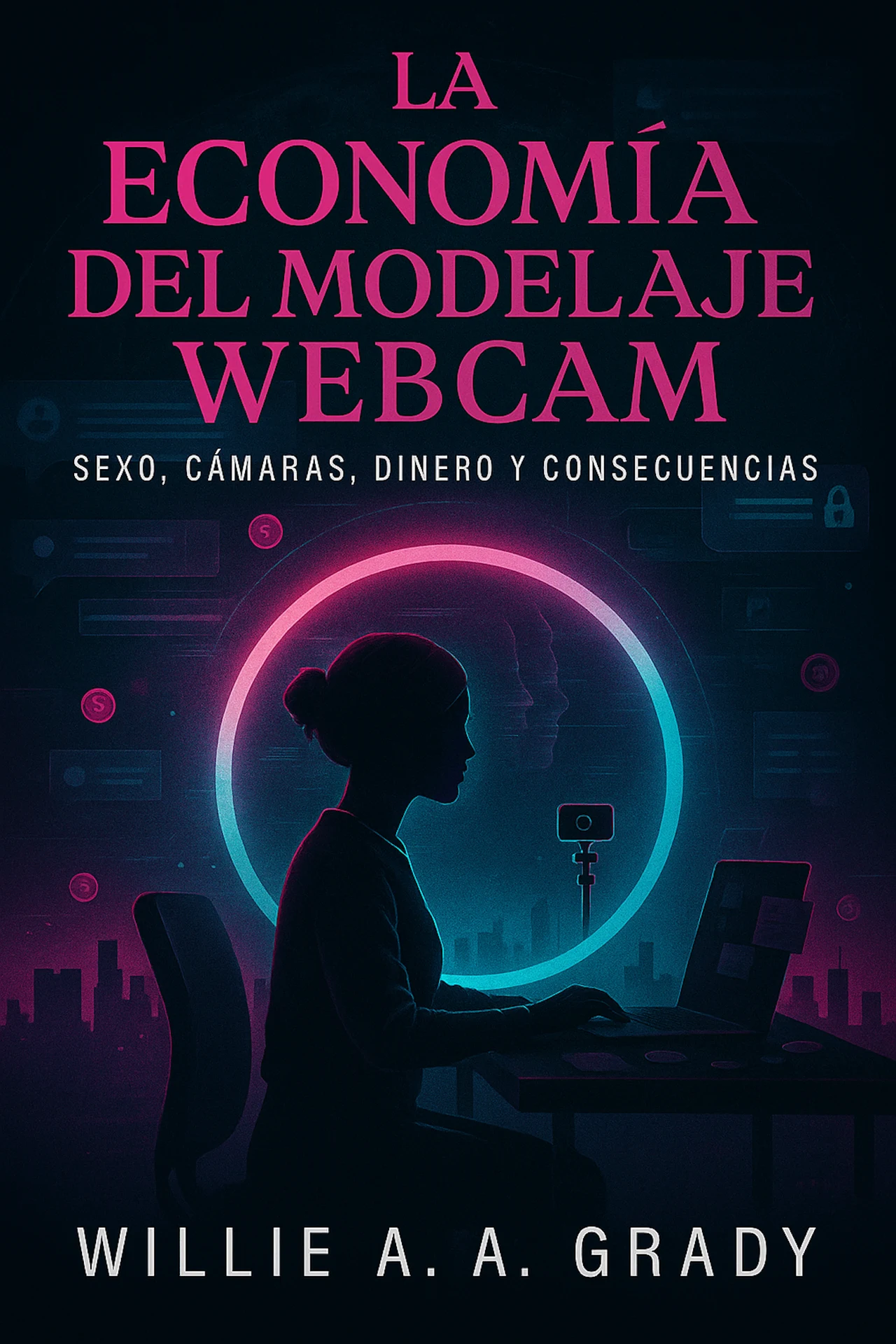 Cover of La Economía del Modelaje Webcam — Sexo, Cámaras, Dinero y Consecuencias by Willie A. A. Grady: a dark illustration of a silhouetted person at a laptop inside a glowing pink and cyan ring light.
