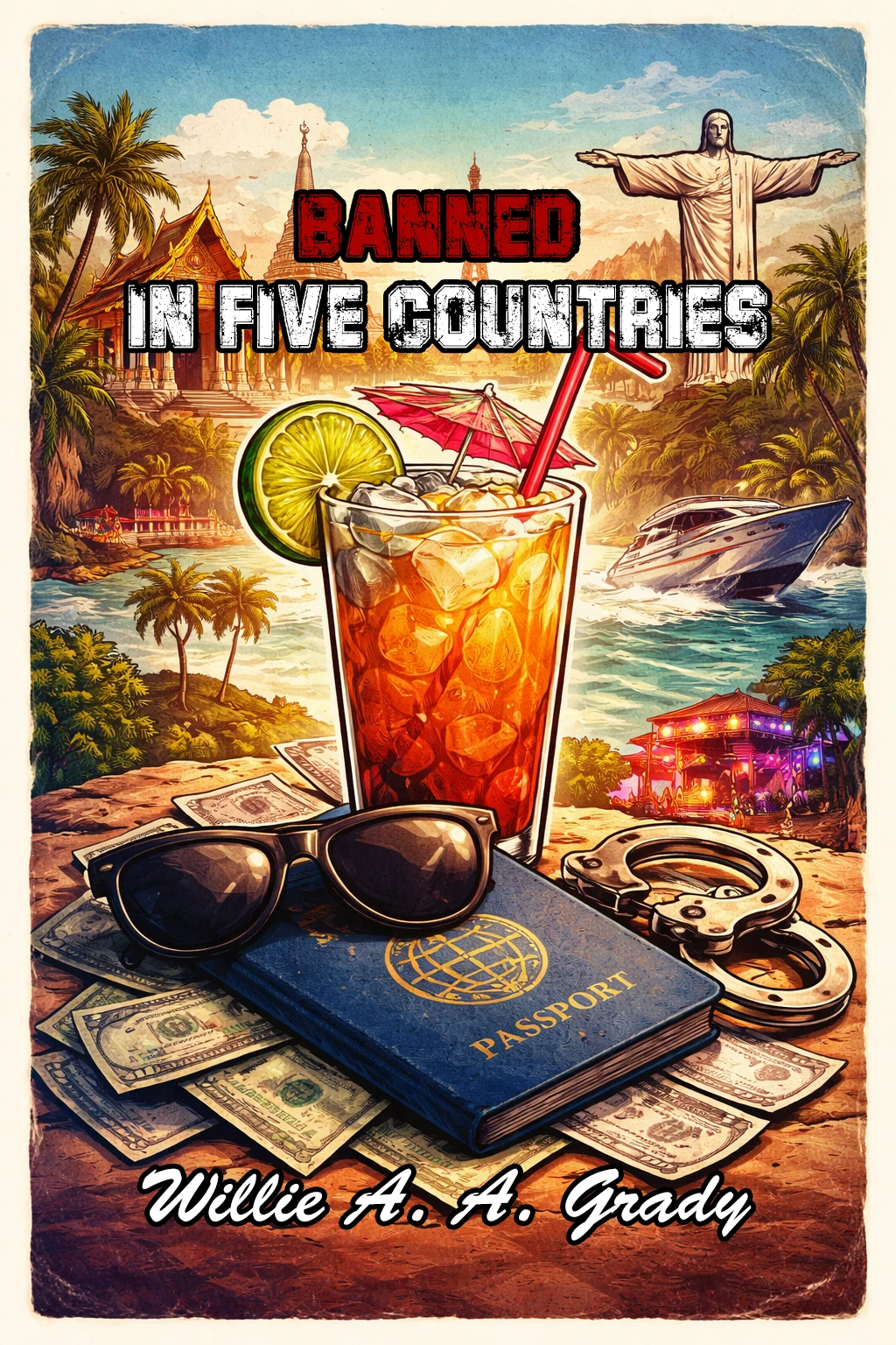 Front cover of Banned in Five Countries by Willie A. A. Grady: a vividly illustrated travel collage of a tall iced drink, sunglasses, a passport, scattered banknotes and handcuffs on a stone ledge, with temples, palms, a speedboat and a hilltop statue behind.