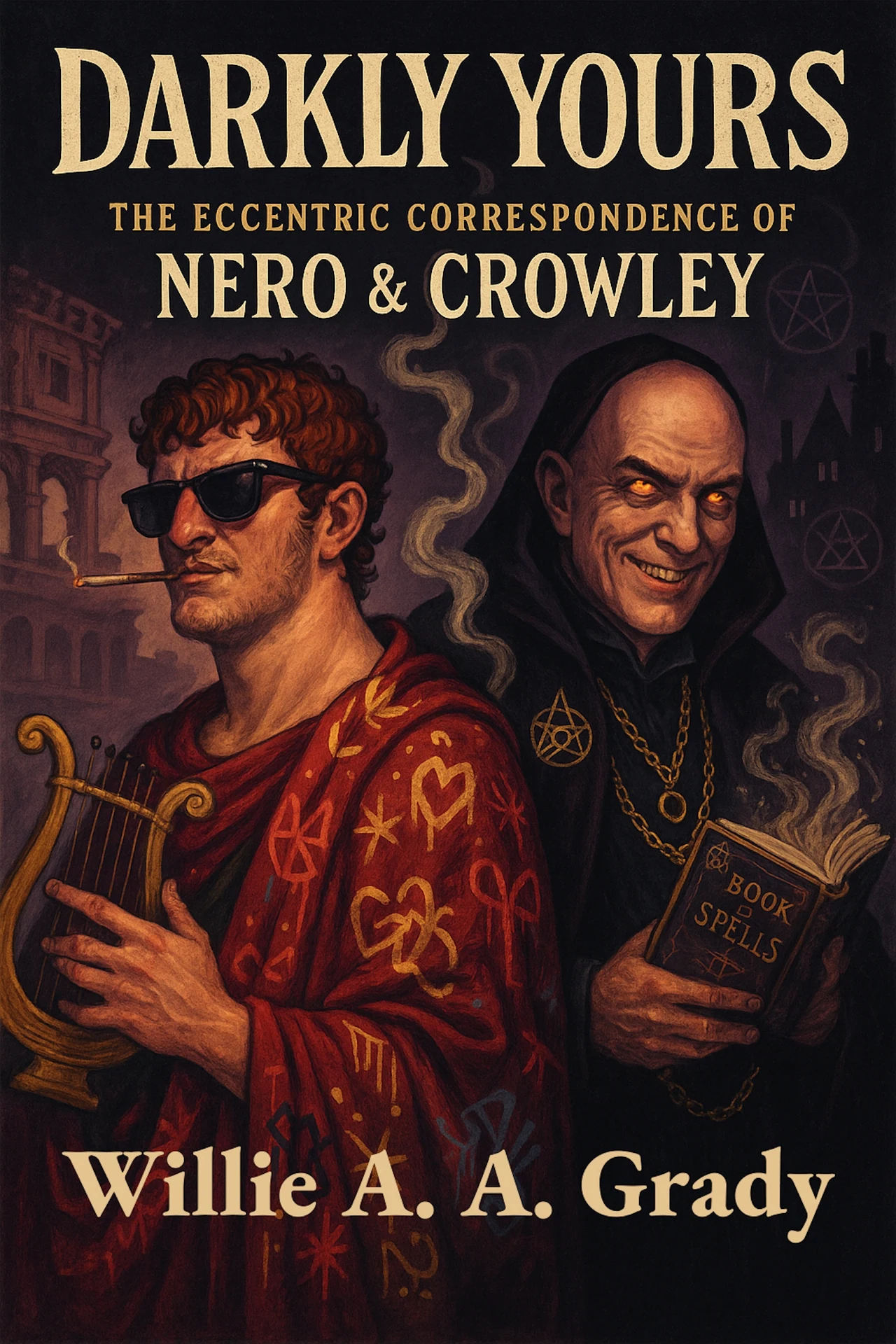 Front cover of Darkly Yours: The Eccentric Correspondence of Nero & Crowley by Willie A. A. Grady: a painted illustration of two figures back to back — one in a red robe with sunglasses holding a lyre, one hooded in black holding a book of spells — amid smoke and dark architecture.
