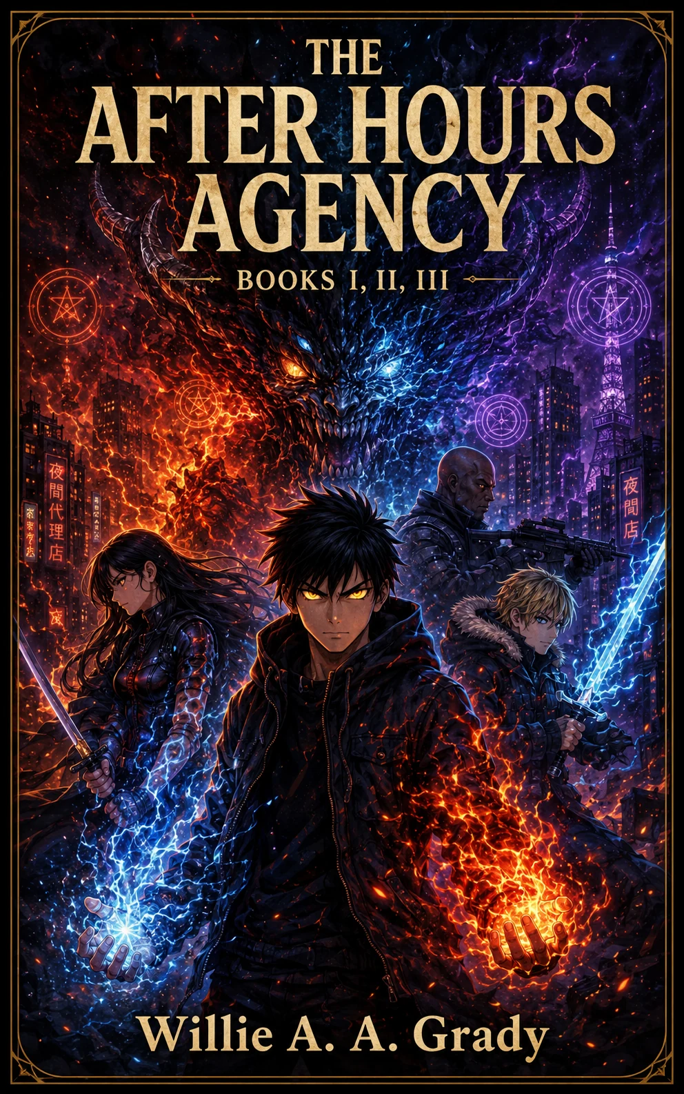 Series artwork for The After Hours Agency by Willie A. A. Grady: four characters wielding swords and elemental fire and lightning before a horned demon face, split between a burning orange city and a cold blue-violet one.