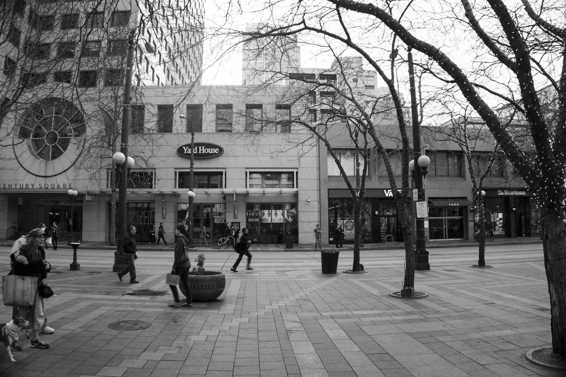 Black-and-white street scene with pedestrians, bare trees, benches and storefronts along a paved pedestrian plaza.