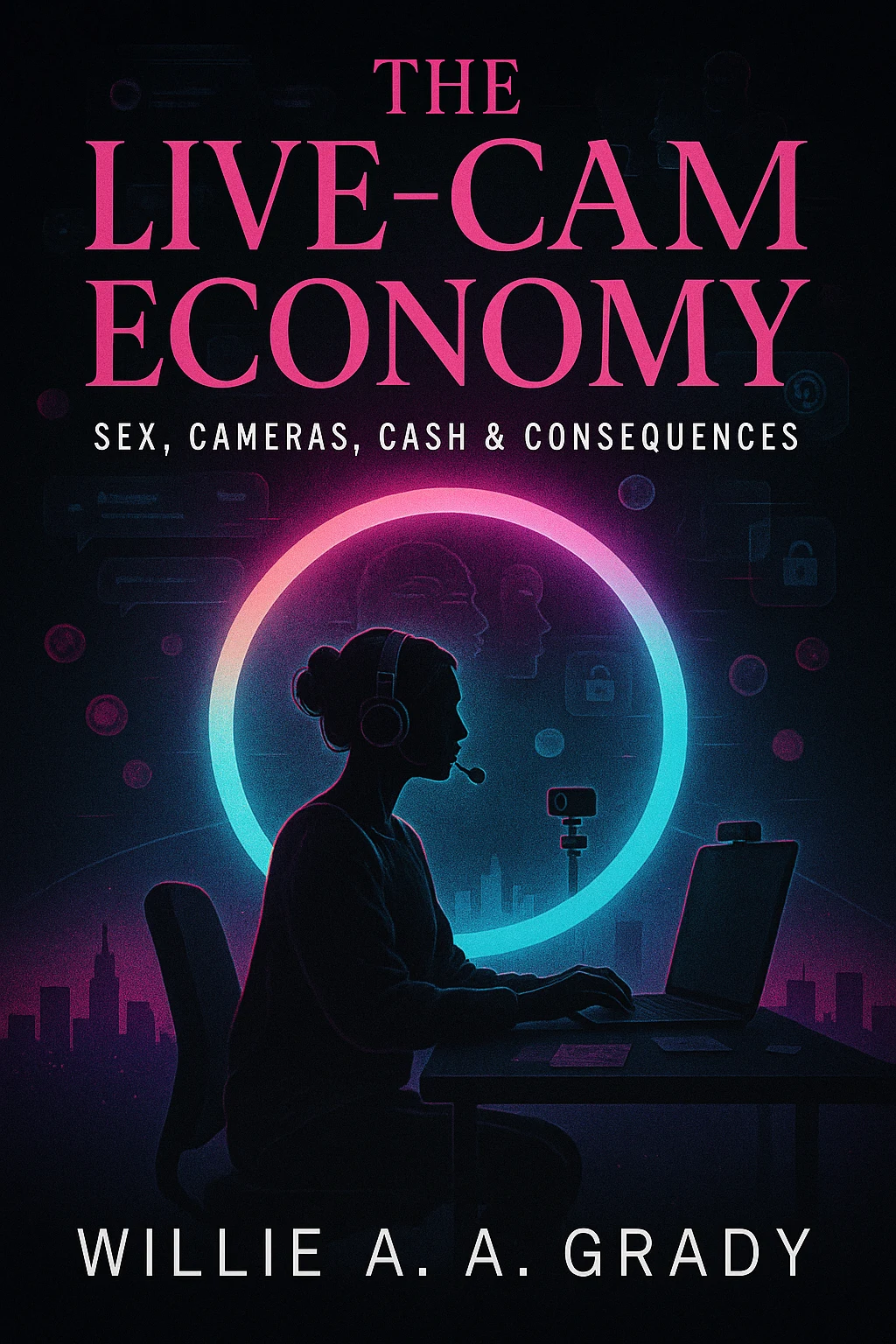 Cover of The Live-Cam Economy — Sex, Cameras, Cash & Consequences by Willie A. A. Grady: a dark illustration of a silhouetted person in a headset at a laptop inside a glowing pink and cyan ring light.