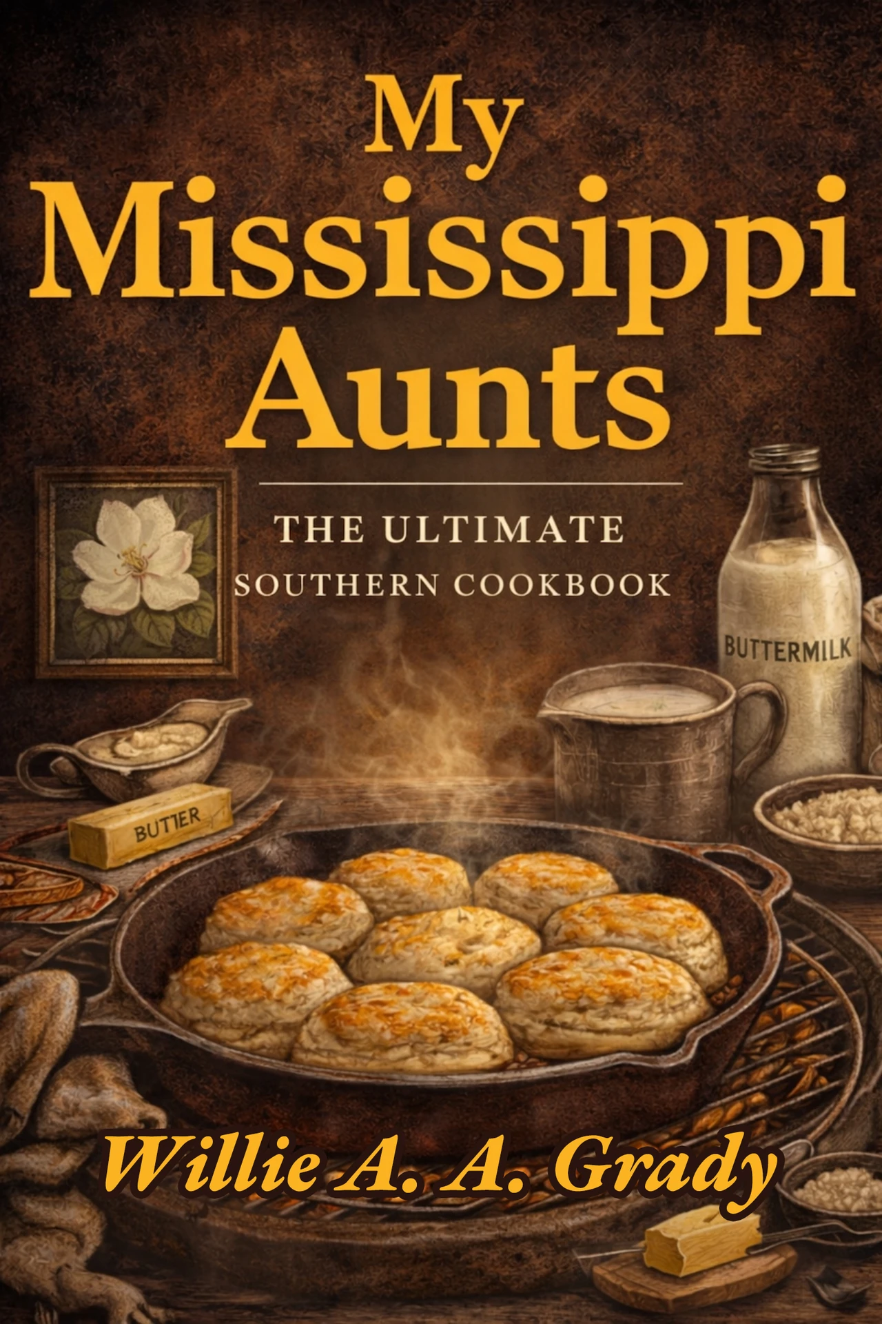 Front cover of My Mississippi Aunts: The Ultimate Southern Cookbook by Willie A. A. Grady: a pan of golden buttermilk biscuits on a dark wooden table with butter, a buttermilk bottle, a jug of gravy and a framed magnolia painting, the title and author name in gold lettering.