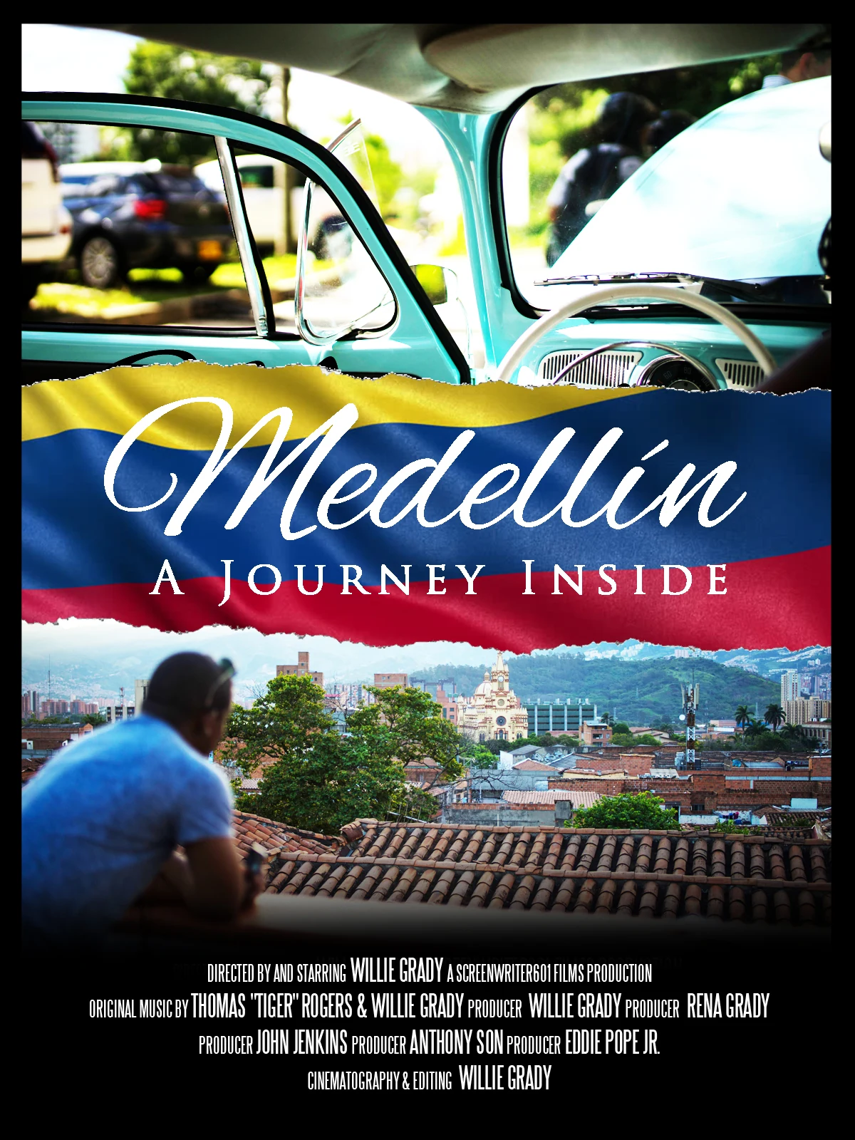 Poster for Medellín A Journey Inside: the interior of a turquoise vintage car above the title over Colombian flag colors, with a city-and-mountain view below.