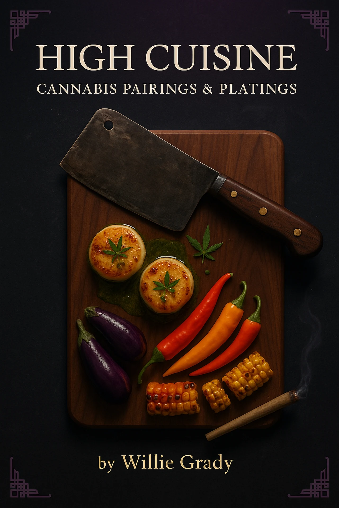 Front cover of High Cuisine: Cannabis Pairings & Platings by Willie Grady: an overhead view of a wooden board with a cleaver, two seared medallions on green sauce, chillies, aubergines, charred corn, a cannabis leaf and a smouldering rolled cigarette on a dark surface.