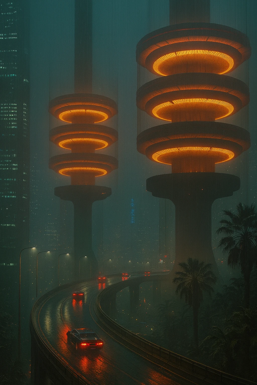 Front cover artwork for 4086: two vast tiered towers with glowing orange circular decks rising through teal rain-haze above a wet elevated roadway, cars trailing red tail lights, palms and tall lit buildings alongside.