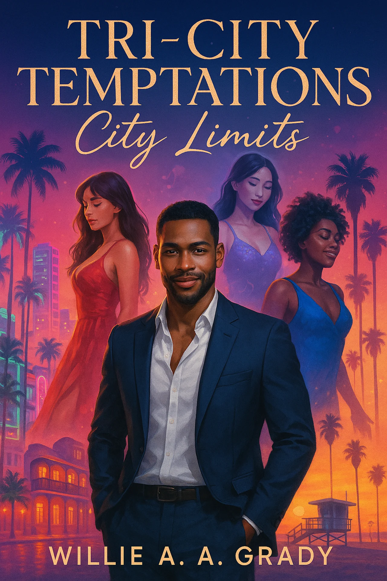 Front cover of Tri-City Temptations: City Limits: an illustrated man in an open-collared navy suit before three women in red, lilac and blue dresses, against a sunset skyline with palms and neon.