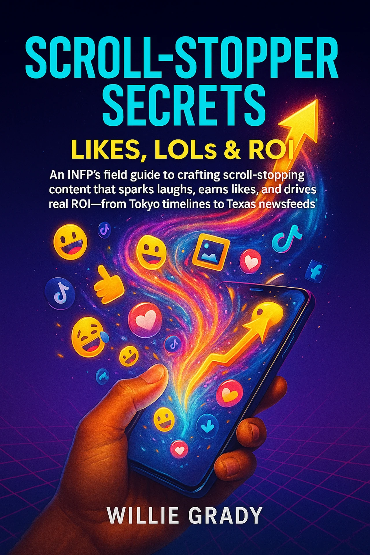 Front cover of Scroll-Stopper Secrets: Likes, LOLs & ROI by Willie Grady: a hand holding a phone on a deep blue and purple background, with a bright swirl of emoji, heart and social-app icons and a yellow upward arrow rising from the screen.