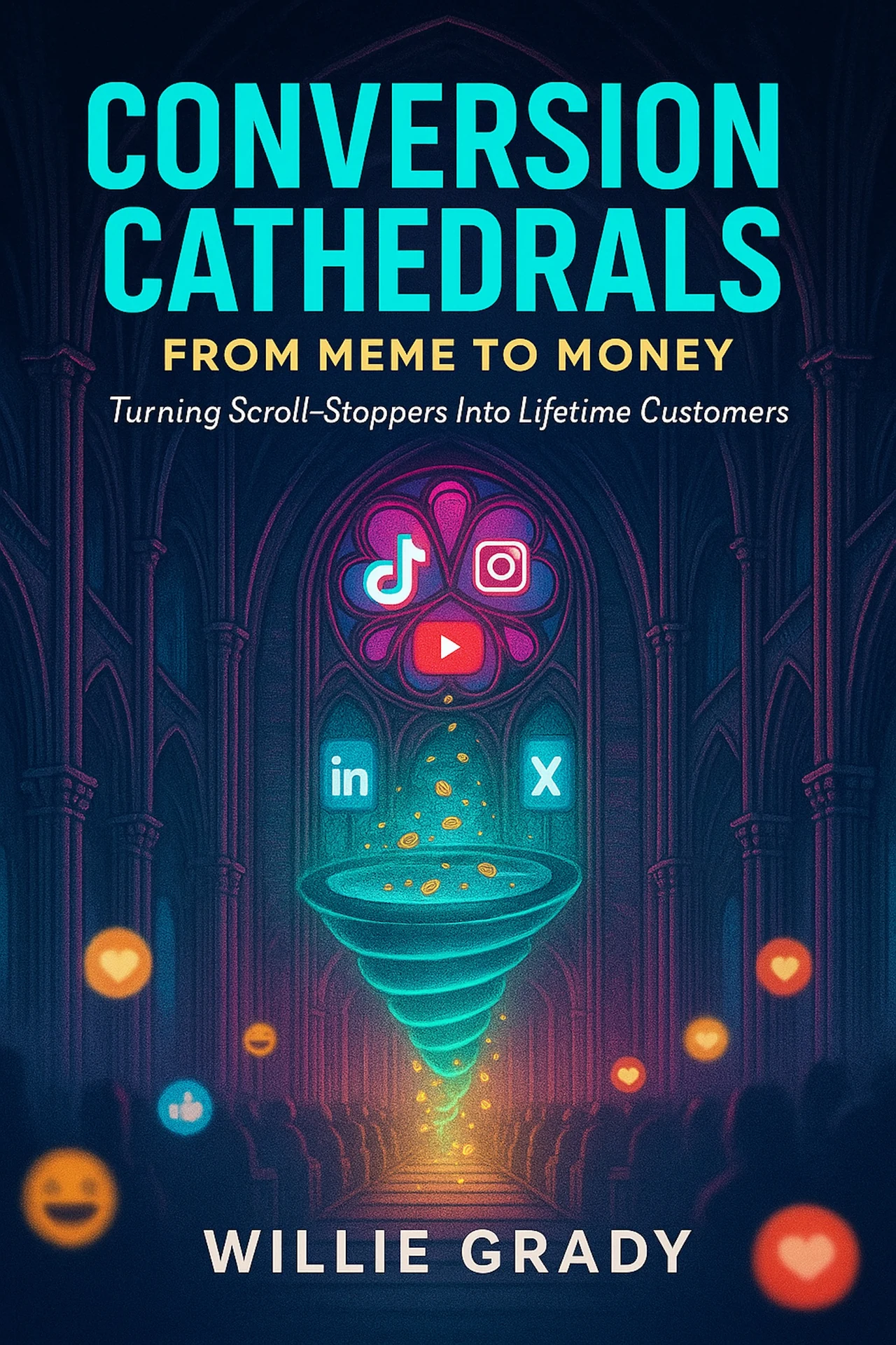 Front cover of Conversion Cathedrals: From Meme to Money: a dark gothic cathedral interior where a glowing teal funnel pours gold coins beneath a rose window of social-media icons.