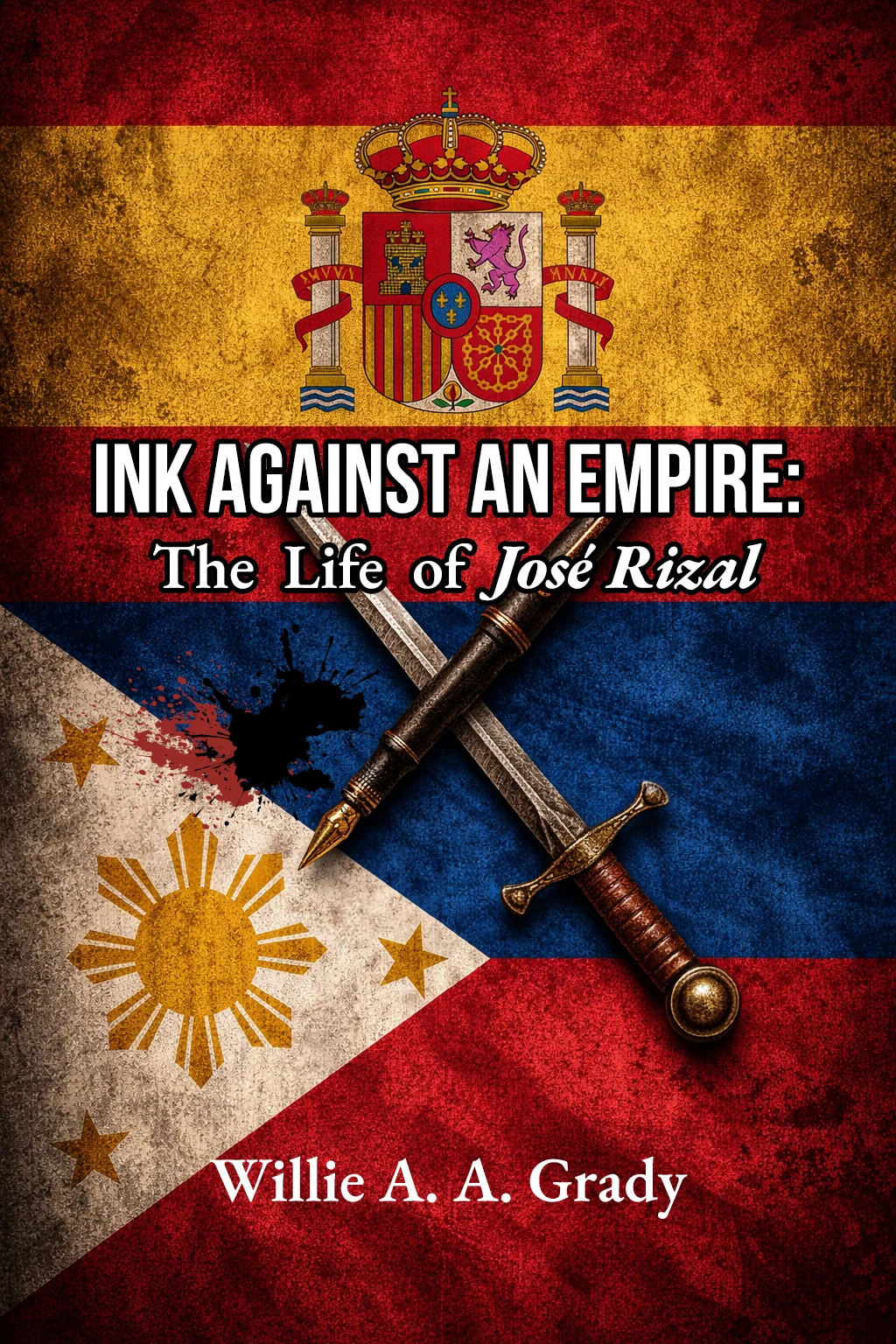 Front cover of Ink Against an Empire: The Life of José Rizal by Willie A. A. Grady: a weathered Spanish flag with its crowned coat of arms above the Philippine flag's white triangle, golden sun and stars, with a fountain pen crossed over a sword and the title in white lettering.